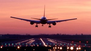 Gatwick Airport, aircraft landing at dawn, 2002, SB (CGA535)